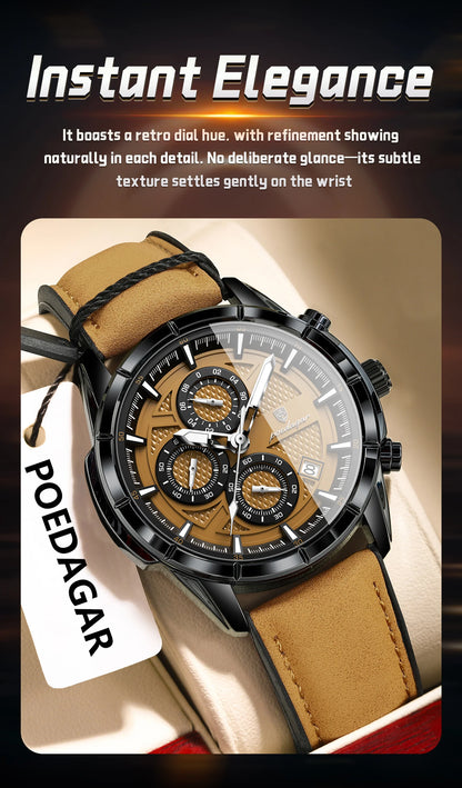 POEDAGAR Luxus Herrenarmbanduhr Quarz Original Leder Herren Uhren Datum Chronograph Wasserdicht Leuchtende Herrenuhr Männlich+Box
