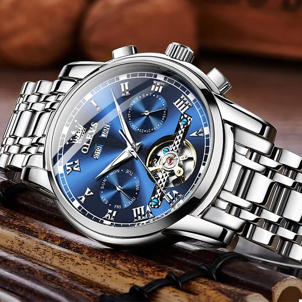 OLEVS Herren Uhren Automatische Mechanische Business Armbanduhr Wasserdicht Edelstahlarmband Uhr für Männer Skelett Kalender
