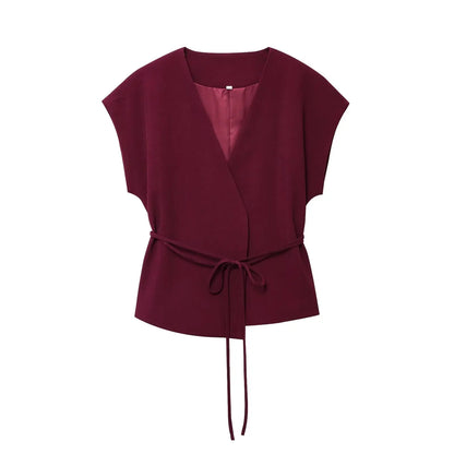 TFMLN Fashion Damenanzug Hosenanzüge Ärmelloses V-Ausschnitt Top mit Gürtel Gerade Hose Set 2025 Frühling Sommer Büro 2-teiliger Set