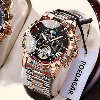 POEDAGAR Luxus Automatische Mechanische Herren Uhr Hohler Tourbillon Wasserdicht Leuchtend Männliche Uhr Woche Datum Geschäftsmänner Uhren