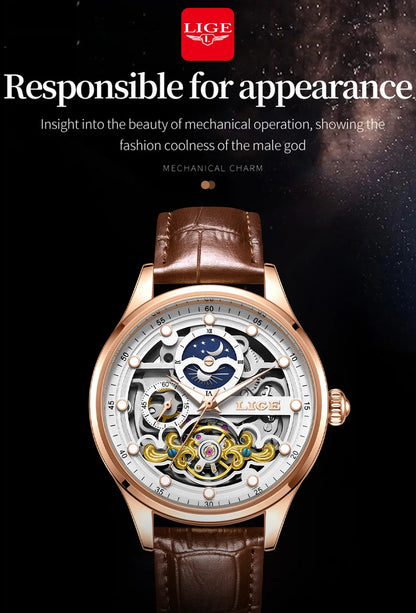 Neue LIGE Skelett Mechanische Automatik-Uhr Herren Tourbillon Sportuhr Freizeit Business Mond Armbanduhr Relojes Hombre