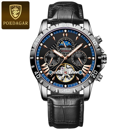 POEDAGAR Luxus Automatische Mechanische Herren Uhr Hohler Tourbillon Wasserdicht Leuchtend Männliche Uhr Woche Datum Geschäftsmänner Uhren