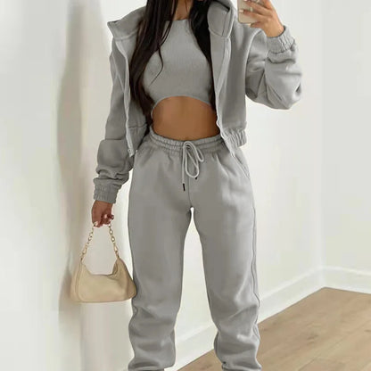 Damen 3-teilige Sets Anzug Lässig Langarm Hoodie Tanktop Jogginghose Sportliches Dreiteiliges Outfit