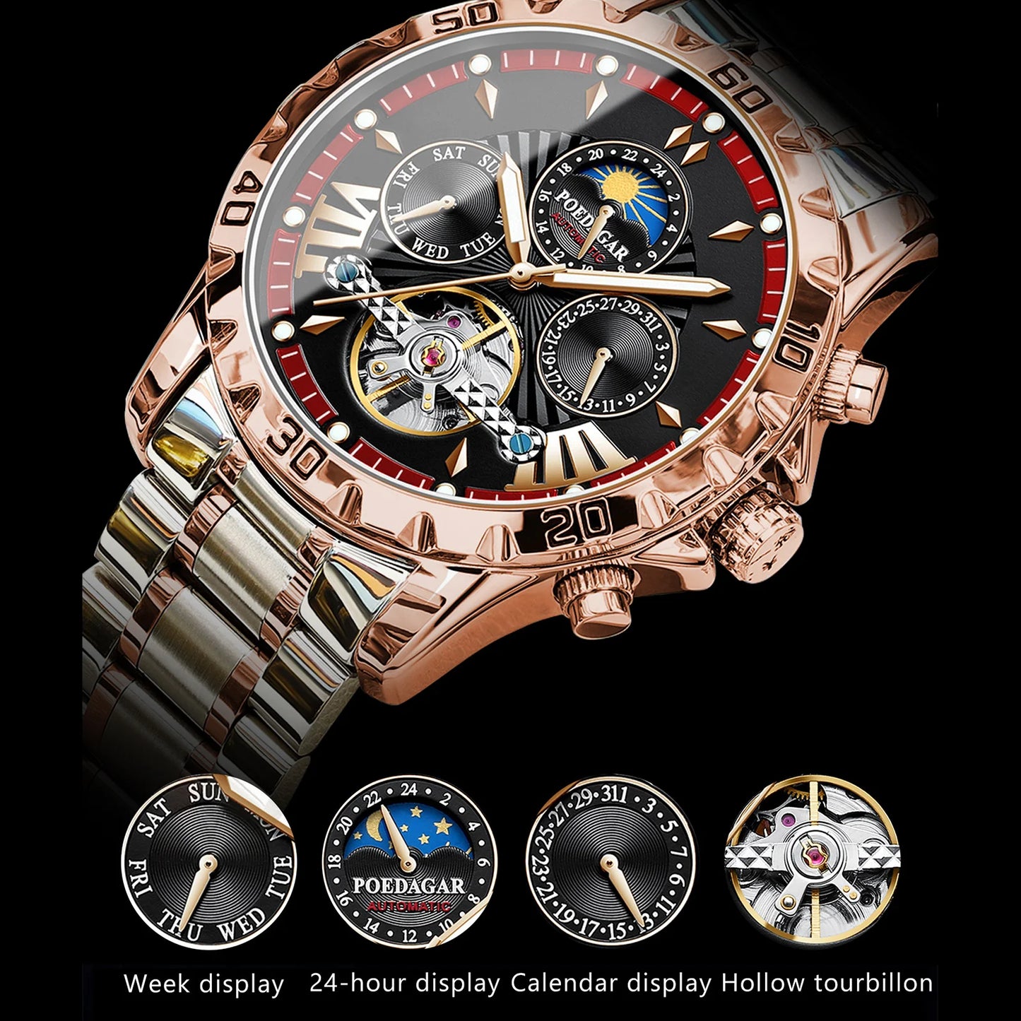 POEDAGAR Luxus Automatische Mechanische Herren Uhr Hohler Tourbillon Wasserdicht Leuchtend Männliche Uhr Woche Datum Geschäftsmänner Uhren