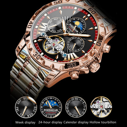POEDAGAR Luxus Automatische Mechanische Herren Uhr Hohler Tourbillon Wasserdicht Leuchtend Männliche Uhr Woche Datum Geschäftsmänner Uhren