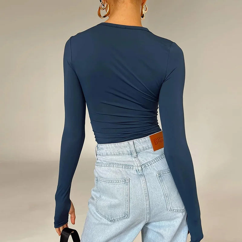 Damenmode T-Shirt mit langen Ärmeln, Rundhalsausschnitt, einfarbig, slim Fit, Crop-Top für Damen mit Daumenlöchern für den täglichen Streetwear-Sommer