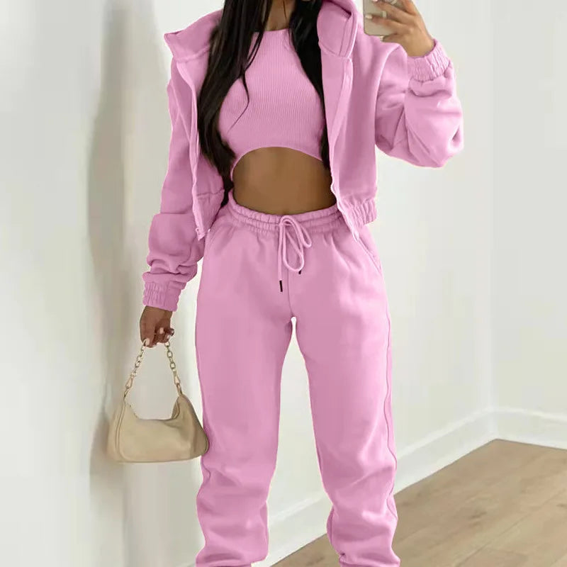 Damen 3-teilige Sets Anzug Lässig Langarm Hoodie Tanktop Jogginghose Sportliches Dreiteiliges Outfit