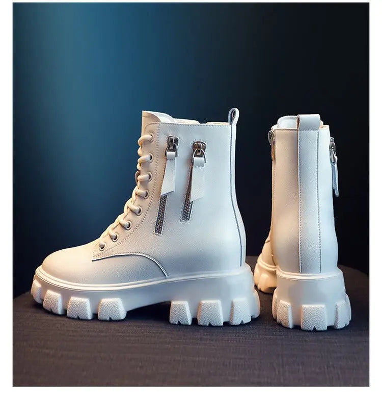 Stiefeletten 2025 Neuer koreanischer Stil mit Fleece gefüttert, Herbst-Winter High-Top Baumwollschuhe, Damenstiefel mit hohem Absatz, mittelhohe Stiefel