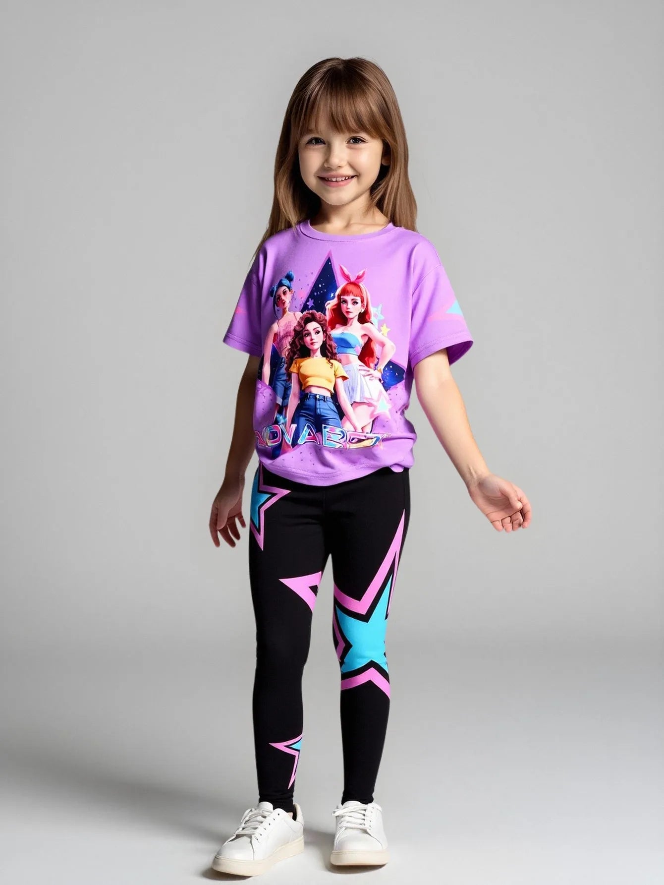 Frühling/Sommer Mädchen Mode Zweiteiliges Set, K-Pop Cartoon Anime 3D Druck Rundhalsausschnitt T-Shirt Enganliegende Hose Set