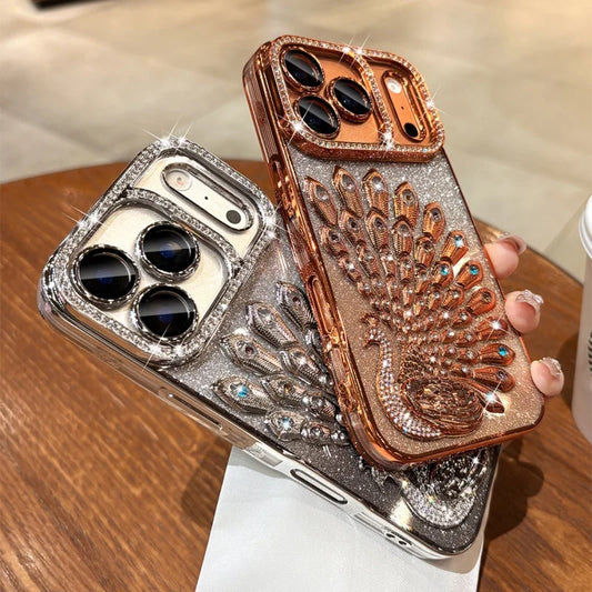 Hülle für iPhone 17 Pro Max 16 15 14 13 mit plattiertem Pfauenmuster, Glitzer-Diamant-Rhinestones, transparent und stoßfest