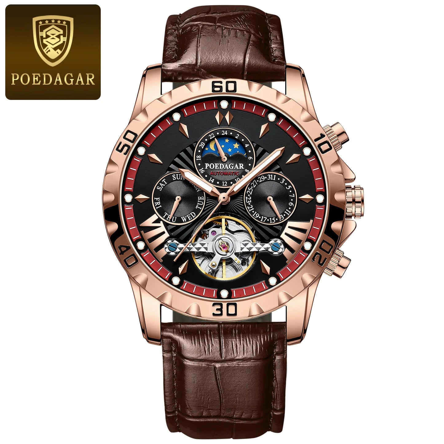 POEDAGAR Luxus Automatische Mechanische Herren Uhr Hohler Tourbillon Wasserdicht Leuchtend Männliche Uhr Woche Datum Geschäftsmänner Uhren