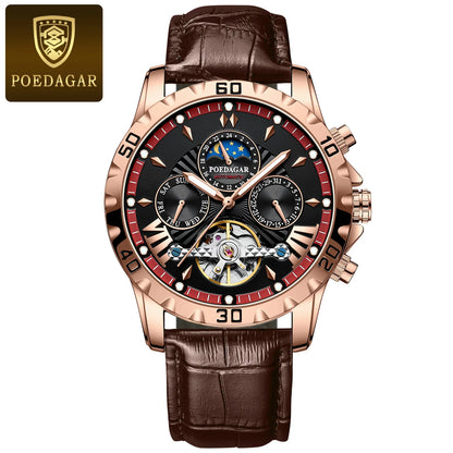 POEDAGAR Luxus Automatische Mechanische Herren Uhr Hohler Tourbillon Wasserdicht Leuchtend Männliche Uhr Woche Datum Geschäftsmänner Uhren
