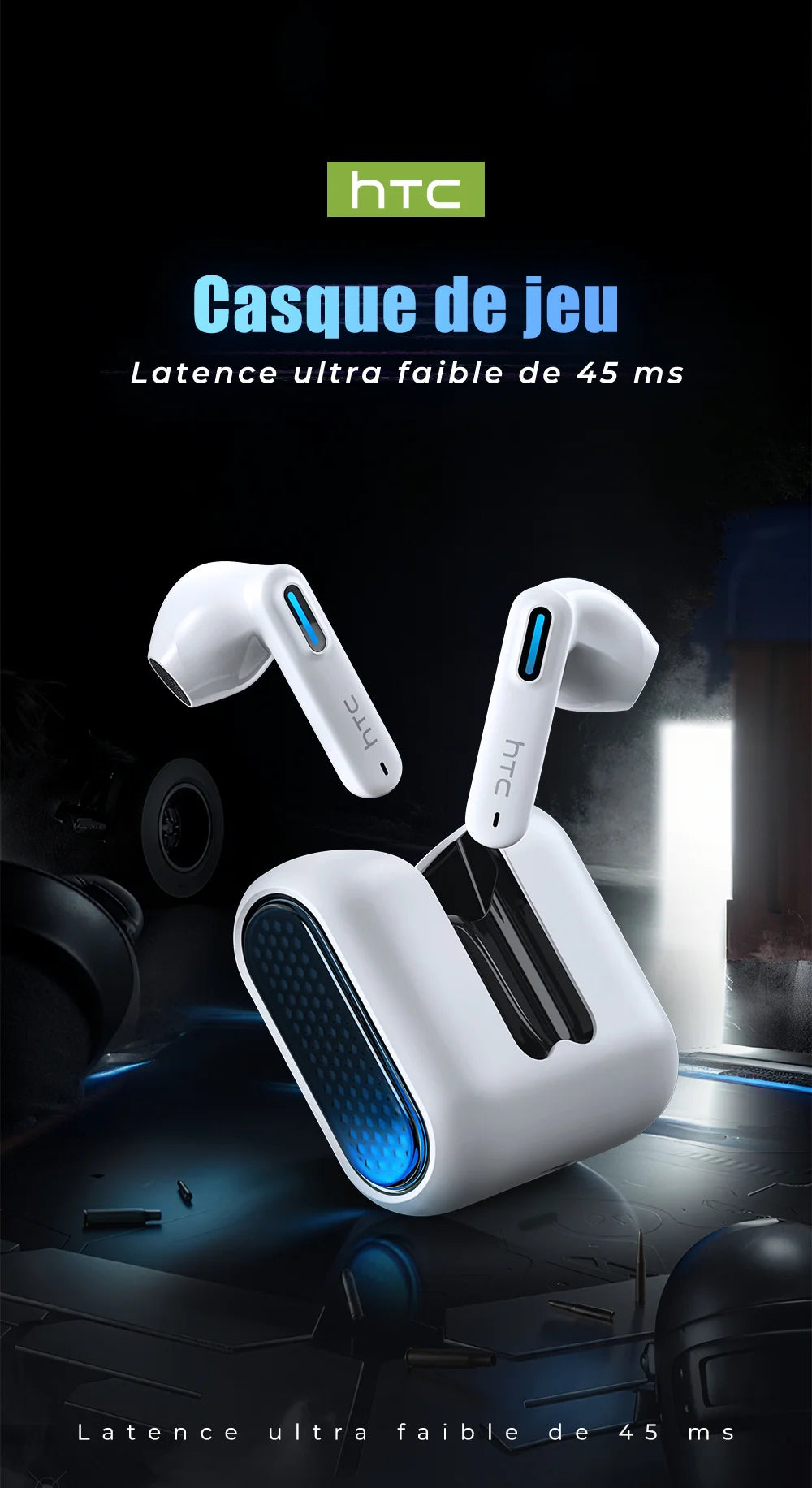 HTC NE49 Bluetooth-Kopfhörer V6.0 TWS Sport Wireless Kopfhörer Ultra geringe Latenz Gaming-Headset Ohrhörer Lange Lebensdauer