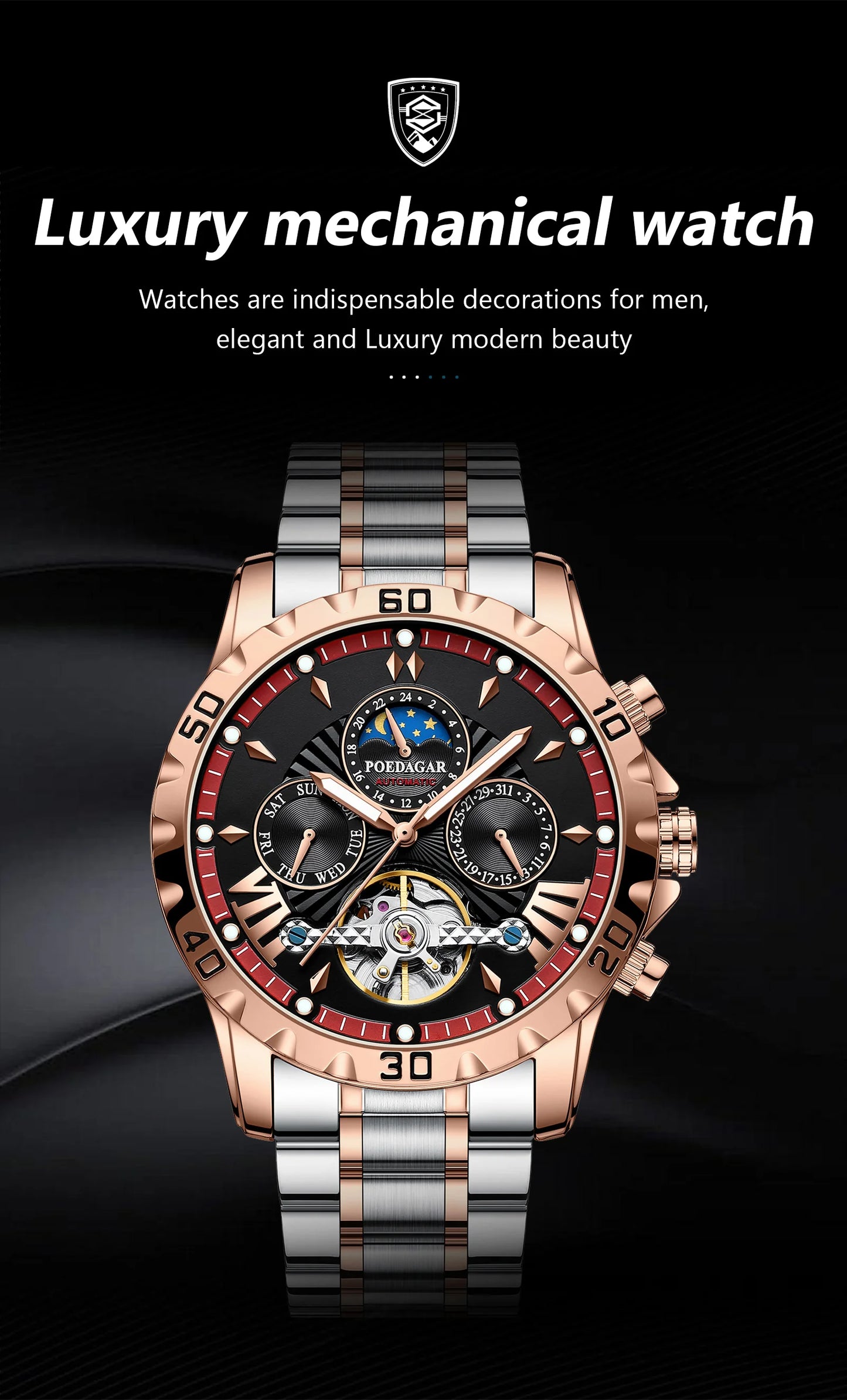 POEDAGAR Luxus Automatische Mechanische Herren Uhr Hohler Tourbillon Wasserdicht Leuchtend Männliche Uhr Woche Datum Geschäftsmänner Uhren