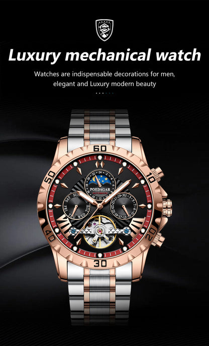 POEDAGAR Luxus Automatische Mechanische Herren Uhr Hohler Tourbillon Wasserdicht Leuchtend Männliche Uhr Woche Datum Geschäftsmänner Uhren
