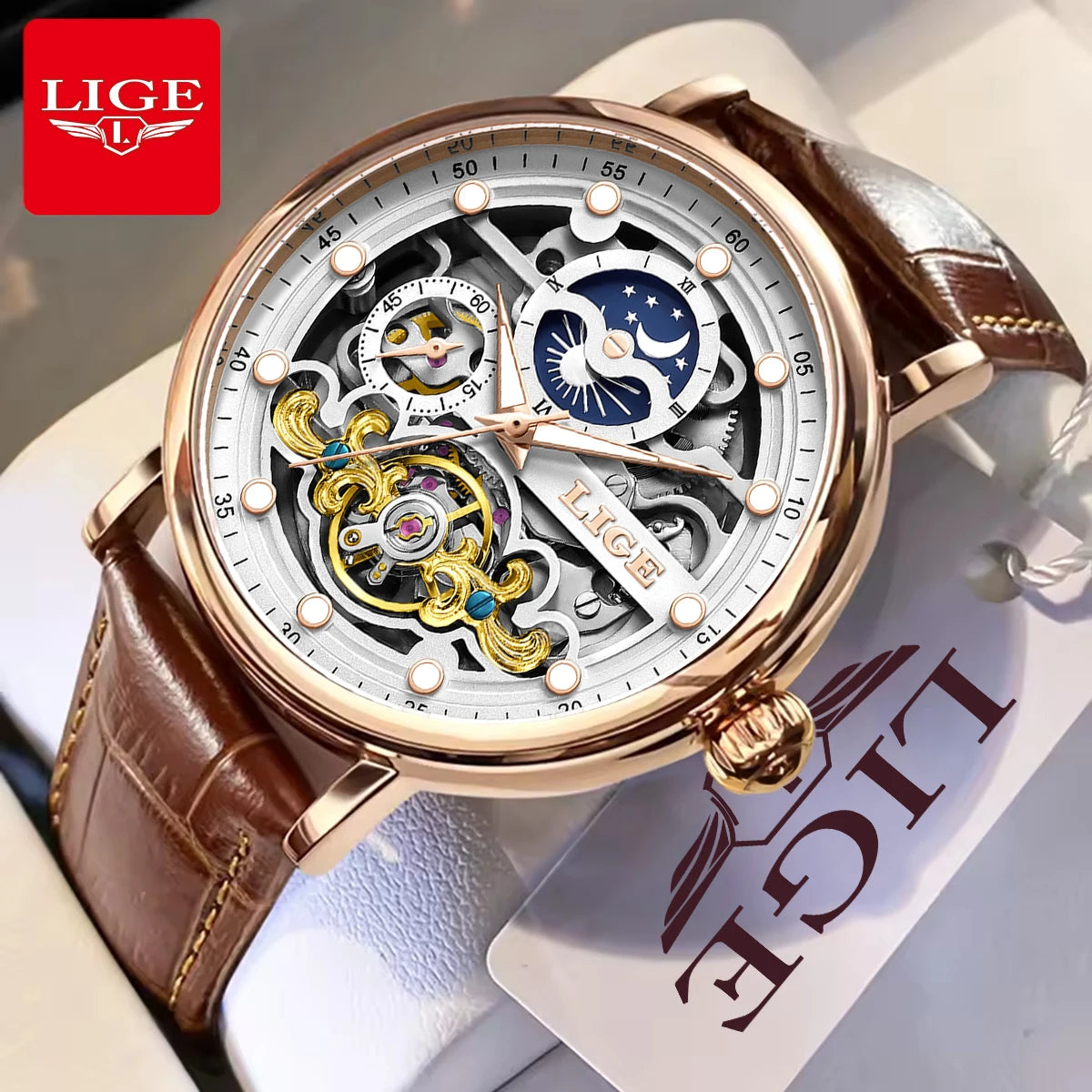Neue LIGE Skelett Mechanische Automatik-Uhr Herren Tourbillon Sportuhr Freizeit Business Mond Armbanduhr Relojes Hombre