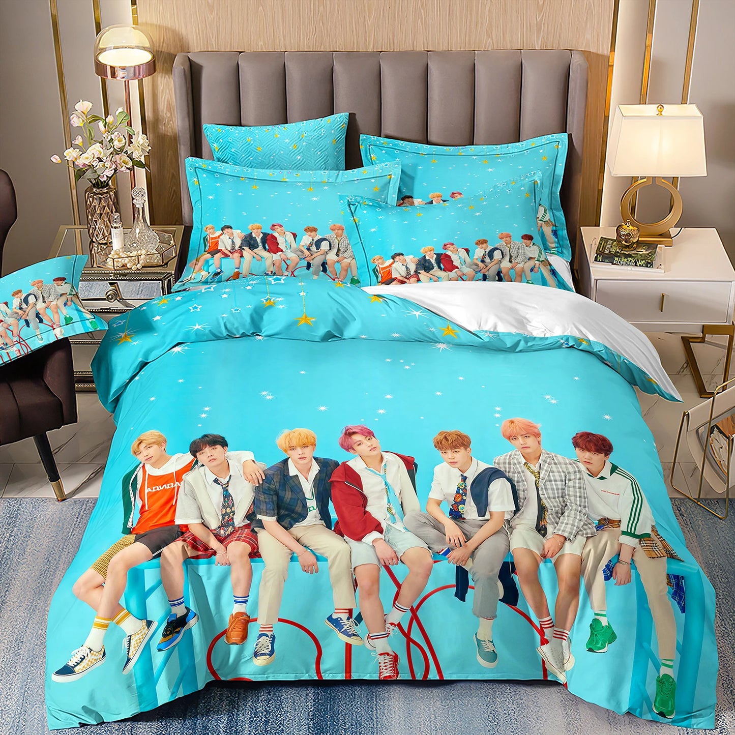 BTS Herren Gruppe Bettwäsche Musikband Bettwäsche für alle Jahreszeiten Twin-Bettwäsche-Set 3-teilig Steppbett Bettdeckenbezug Doppel-King-Bettwäsche-Set