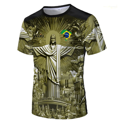 Brasilianische Flagge+Jesus 3D-Druck Sport Schnell trocknend Atmungsaktiv Herren Damen T-Shirt Outdoor Street Kurzarm
