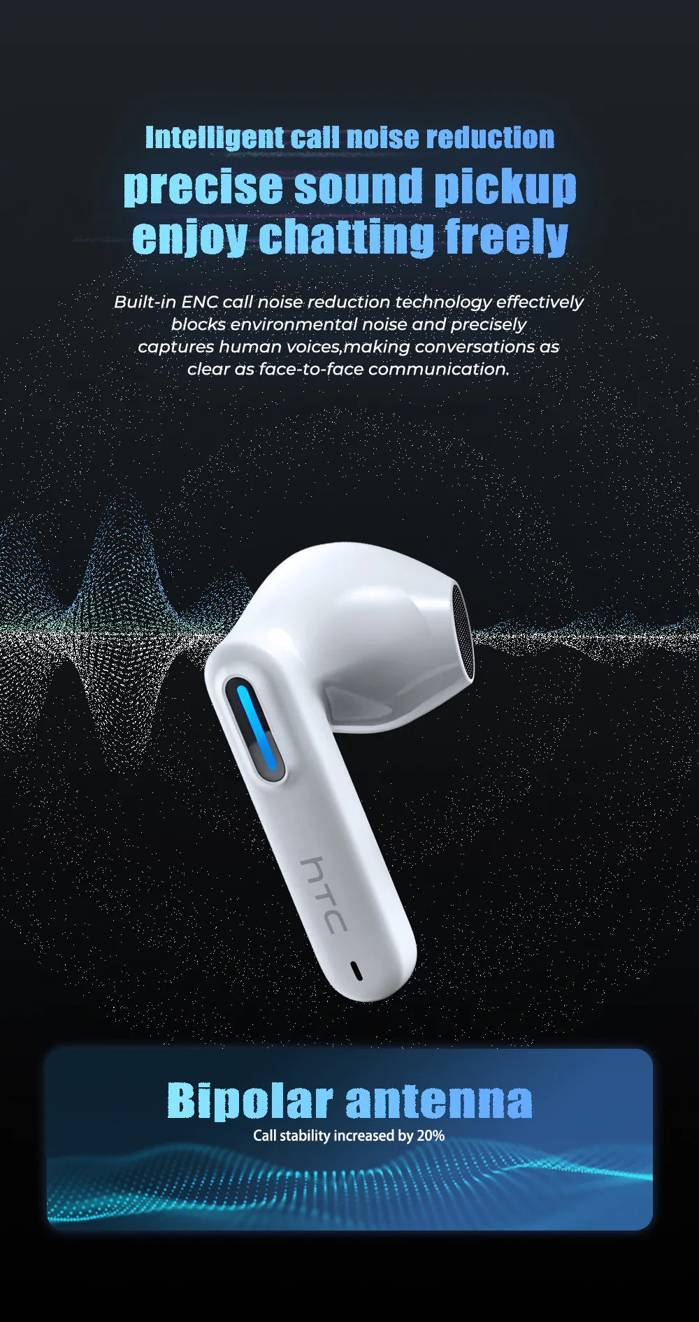 HTC NE49 Bluetooth-Kopfhörer V6.0 TWS Sport Wireless Kopfhörer Ultra geringe Latenz Gaming-Headset Ohrhörer Lange Lebensdauer