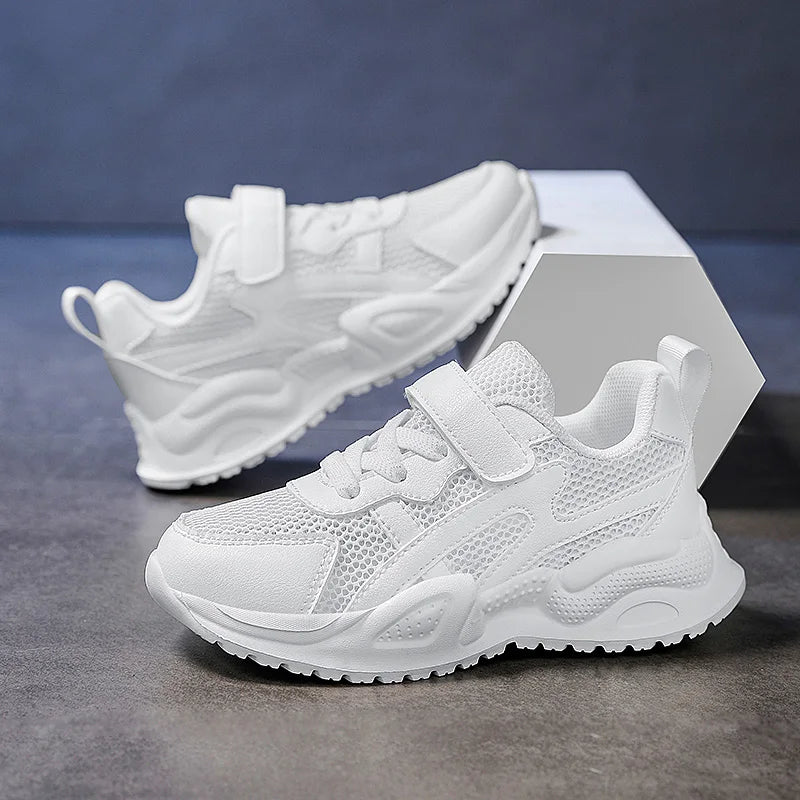 Weiße Kinder-Lederschuhe für Jungen und Mädchen, freizeitlich, Outdoor-Laufschuhe, atmungsaktives Mesh, Kinderschule Gehen, Sport, rutschfest