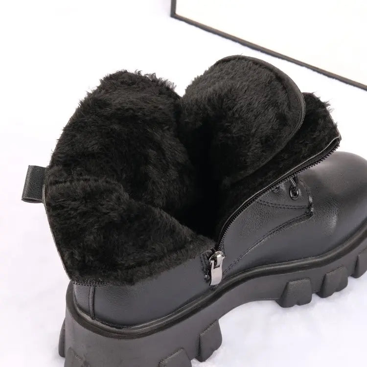 Stiefeletten 2025 Neuer koreanischer Stil mit Fleece gefüttert, Herbst-Winter High-Top Baumwollschuhe, Damenstiefel mit hohem Absatz, mittelhohe Stiefel