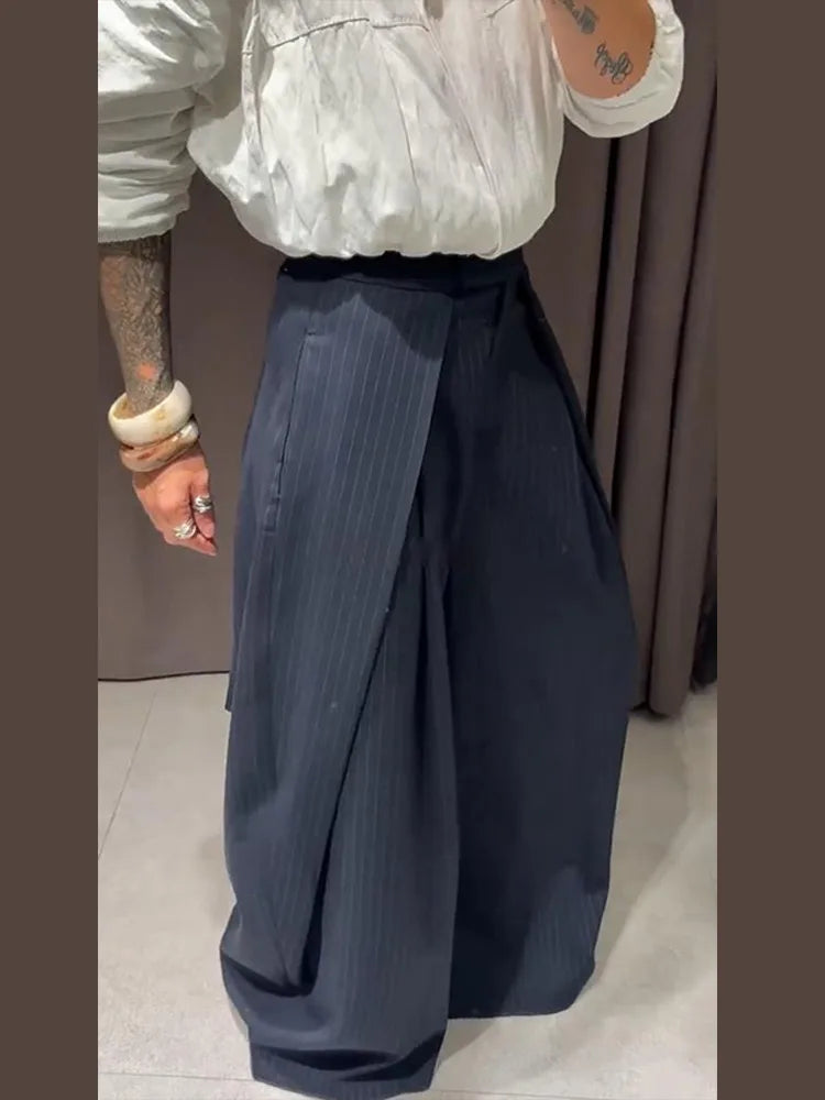 Elegante gestreifte, plissierte lange Hose für Frauen, locker, mit hoher Taille, Reißverschlusstaschen, Damenhose, Herbst 2025, für Büro und Alltag
