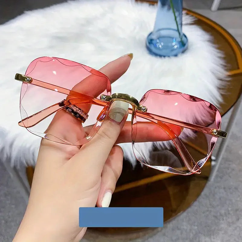 Quadratische randlose Sonnenbrille für Damen, Luxusmarken-Designer, Sommer, rote Gläser, modische Sonnenbrille für Herren, UV400-Schutz, Shades Oculos