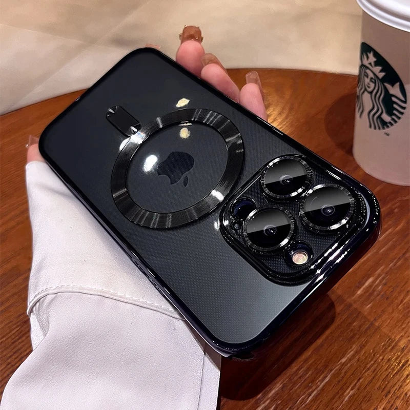 Verchromtes weiches TPU-Case mit vollständigem Linsenschutz für iPhone 13 14 12 11 15 Pro Max Plus Magsafe magnetische Handyhülle kabelloses Ladecover