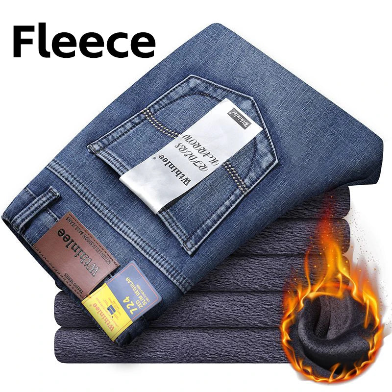 Wthinlee Neue Herren Jeans Fleece Freizeit Gerade Stretch Mode Klassisch Blau Schwarz Arbeits-Denim-Hosen Herrenbekleidung