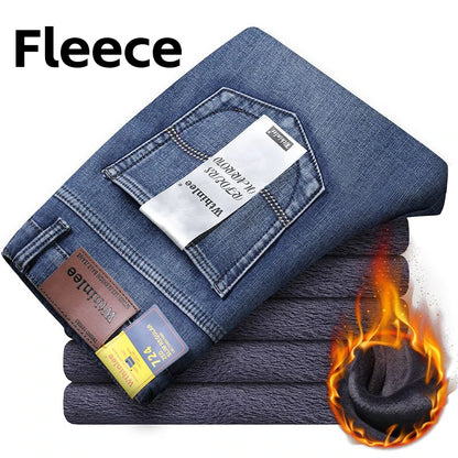 Wthinlee Neue Herren Jeans Fleece Freizeit Gerade Stretch Mode Klassisch Blau Schwarz Arbeits-Denim-Hosen Herrenbekleidung