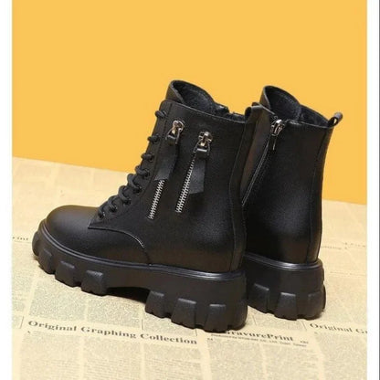 Stiefeletten 2025 Neuer koreanischer Stil mit Fleece gefüttert, Herbst-Winter High-Top Baumwollschuhe, Damenstiefel mit hohem Absatz, mittelhohe Stiefel