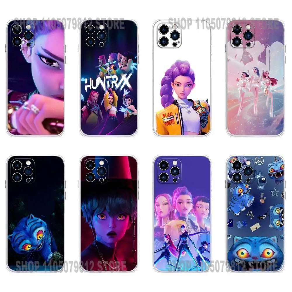 Goldene KPop Demon Hunters Handyhülle für iPhone 17, 16, 15, 14, 13, 12, 11 Plus, Pro, Max, XR, Plus, E, Mini Transparente Weiche Hülle