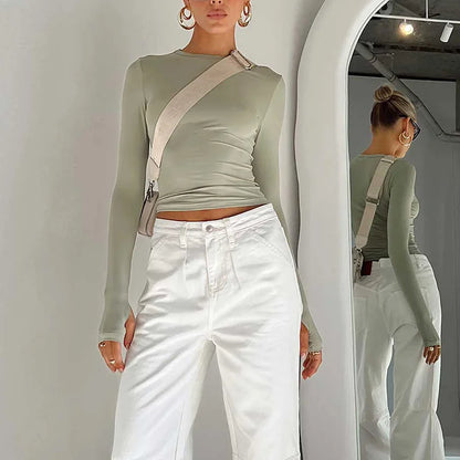 Damenmode T-Shirt mit langen Ärmeln, Rundhalsausschnitt, einfarbig, slim Fit, Crop-Top für Damen mit Daumenlöchern für den täglichen Streetwear-Sommer