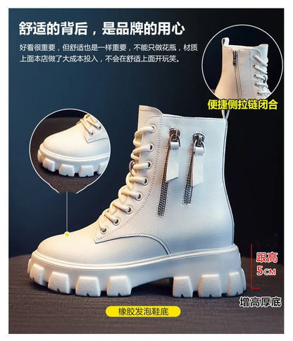 Stiefeletten 2025 Neuer koreanischer Stil mit Fleece gefüttert, Herbst-Winter High-Top Baumwollschuhe, Damenstiefel mit hohem Absatz, mittelhohe Stiefel
