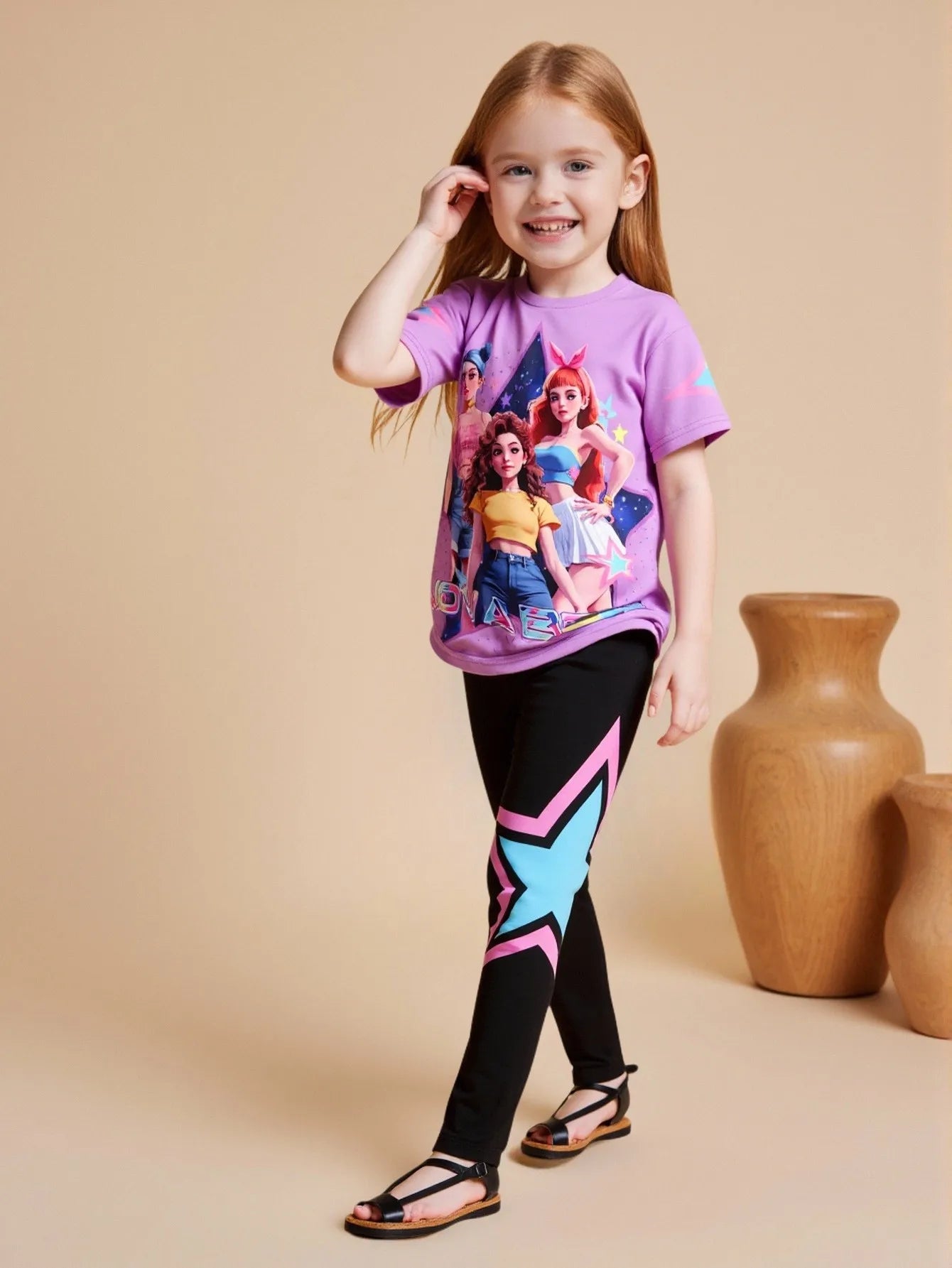 Frühling/Sommer Mädchen Mode Zweiteiliges Set, K-Pop Cartoon Anime 3D Druck Rundhalsausschnitt T-Shirt Enganliegende Hose Set
