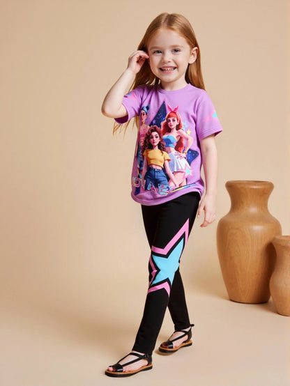 Frühling/Sommer Mädchen Mode Zweiteiliges Set, K-Pop Cartoon Anime 3D Druck Rundhalsausschnitt T-Shirt Enganliegende Hose Set