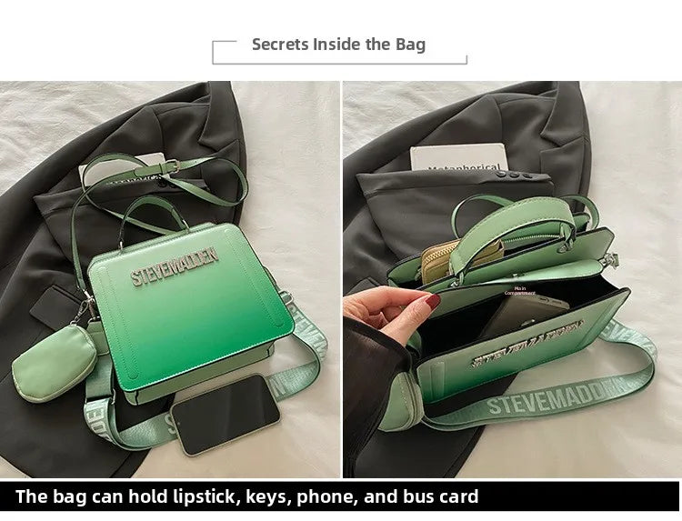 Modische kleine quadratische Handtasche für Damen, Schultertasche mit Buchstabenprint, Farbverlauf Crossbody-Tasche, Retro-Europäischer Stil, PU...