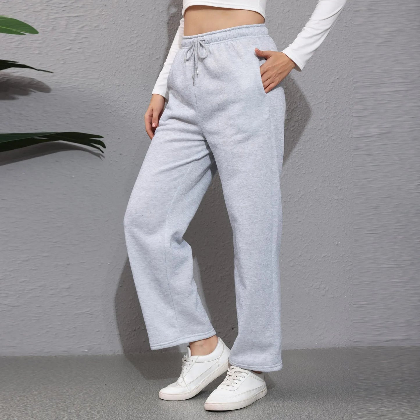 Weite Hosen für Frauen, Fleece-gefütterte Sweatpants, gerade Hosen, einfarbige Fitness-Jogginghosen, Reisezubehör-Basics