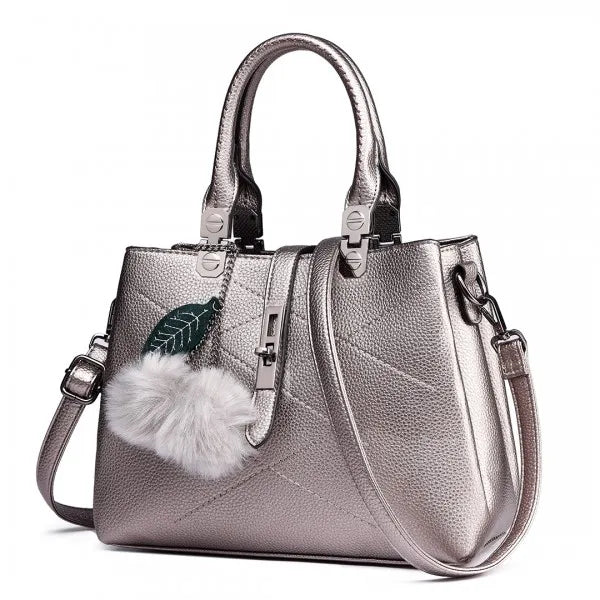 Miss Lulu Leder-Look Schultertasche mit Pom-Pom-Dekoration Stylische Handtasche für Damen Praktische Schultertasche