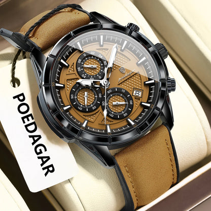 POEDAGAR Luxus Herrenarmbanduhr Quarz Original Leder Herren Uhren Datum Chronograph Wasserdicht Leuchtende Herrenuhr Männlich+Box