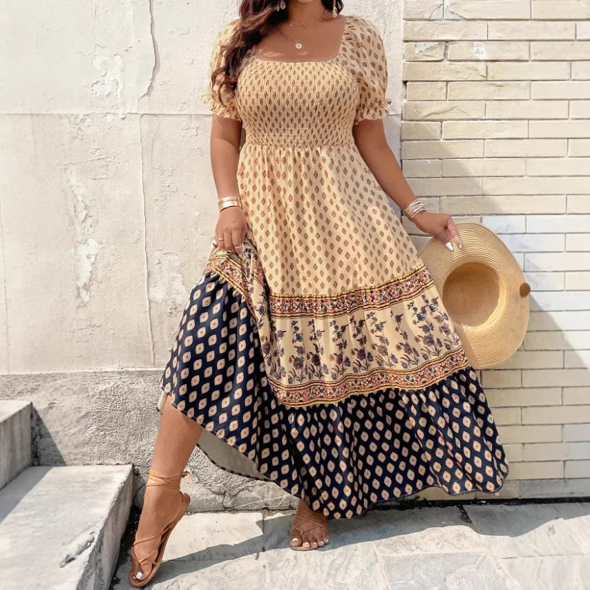 Großgröße Bohemian-Print Kurzarmkleid Große Größe Polyesterfaser Bedrucktes Muster Damenbekleidung Kurze Kleider