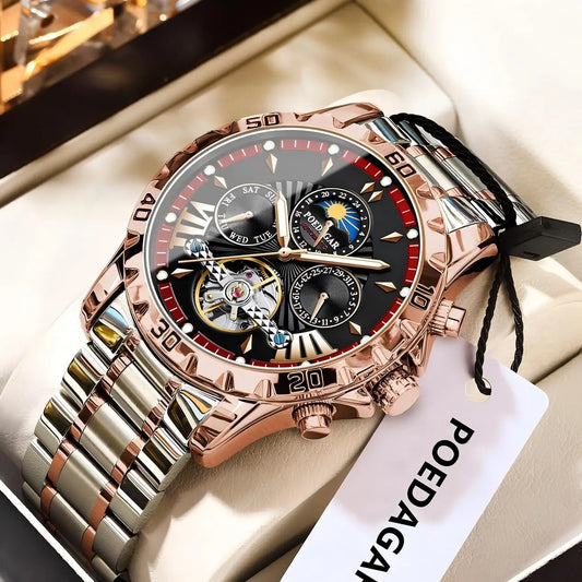 POEDAGAR Luxus Automatische Mechanische Herren Uhr Hohler Tourbillon Wasserdicht Leuchtend Männliche Uhr Woche Datum Geschäftsmänner Uhren