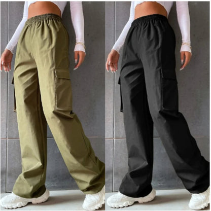 Vintage Streetwear Cargo-Hosen Mode Damen Einfarbig Oversized Tasche Hohe Taille Baggy Hose Lässig Hip-Hop Gerade Neue Hose