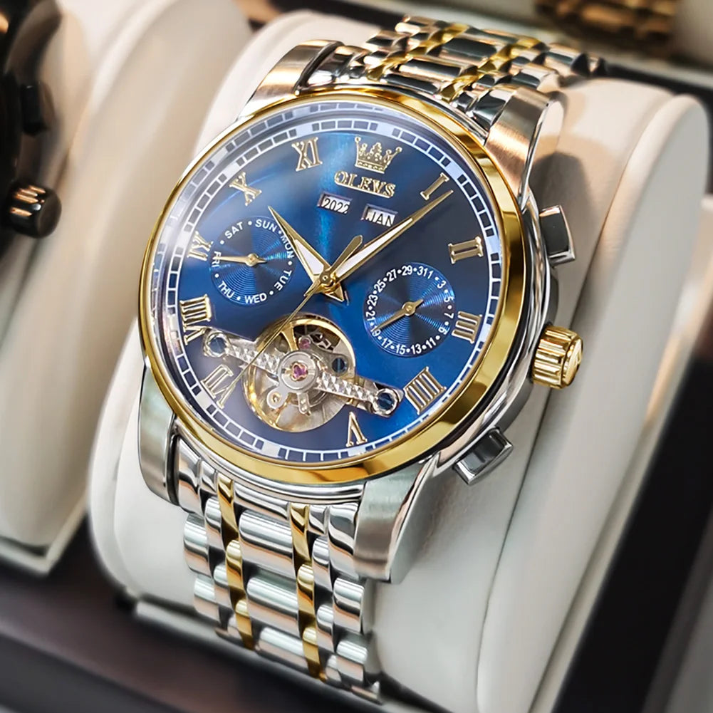 OLEVS Herren Uhren Automatische Mechanische Business Armbanduhr Wasserdicht Edelstahlarmband Uhr für Männer Skelett Kalender