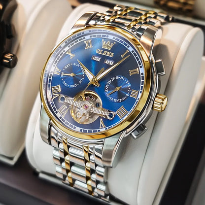 OLEVS Herren Uhren Automatische Mechanische Business Armbanduhr Wasserdicht Edelstahlarmband Uhr für Männer Skelett Kalender
