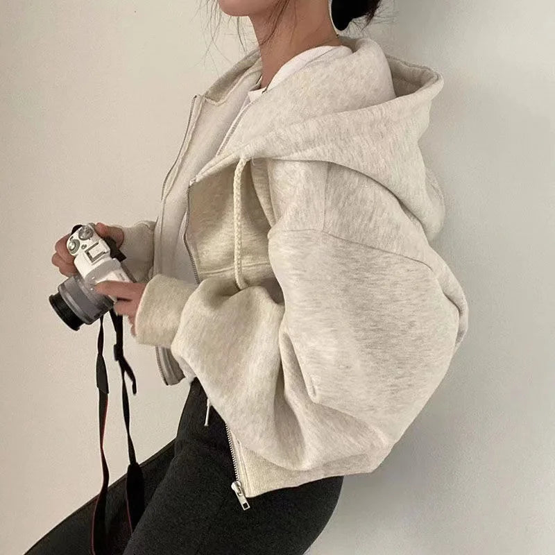 Damen Sweatshirt mit Fleece-Futter, vielseitig, kurz geschnitten, schlanke Passform, glatte Silhouette, Reißverschluss, warm, mit Kapuze