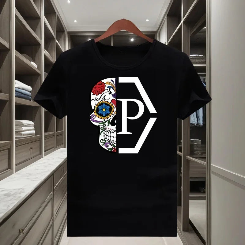 Klassisches trendiges Marken-T-Shirt mit halbem Totenkopf- und Blumenmuster für Männer und Frauen 2026, kurzärmelig, Rundhalsausschnitt