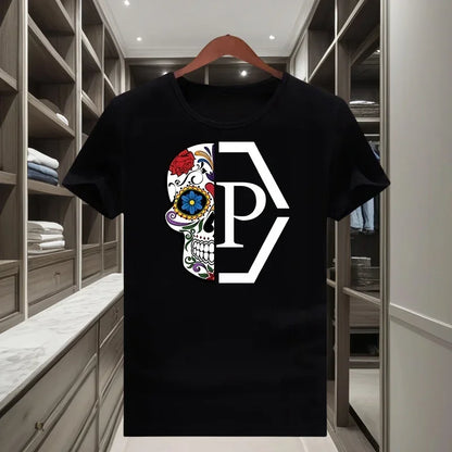 Klassisches trendiges Marken-T-Shirt mit halbem Totenkopf- und Blumenmuster für Männer und Frauen 2026, kurzärmelig, Rundhalsausschnitt