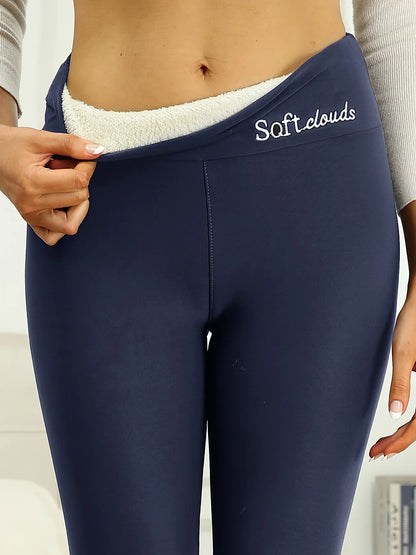Winter Damen Warme Leggings Plüschgefütterte Thermohose Verdickte Buchstaben Stickerei Schlanke Elastische Strumpfhosen