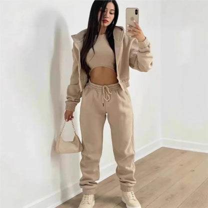 Damen 3-teilige Sets Anzug Lässig Langarm Hoodie Tanktop Jogginghose Sportliches Dreiteiliges Outfit